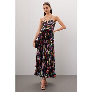 AIIFOS Adriana Black Floral Print Pleated Satin Halter V Neck Maxi Dress Size 0